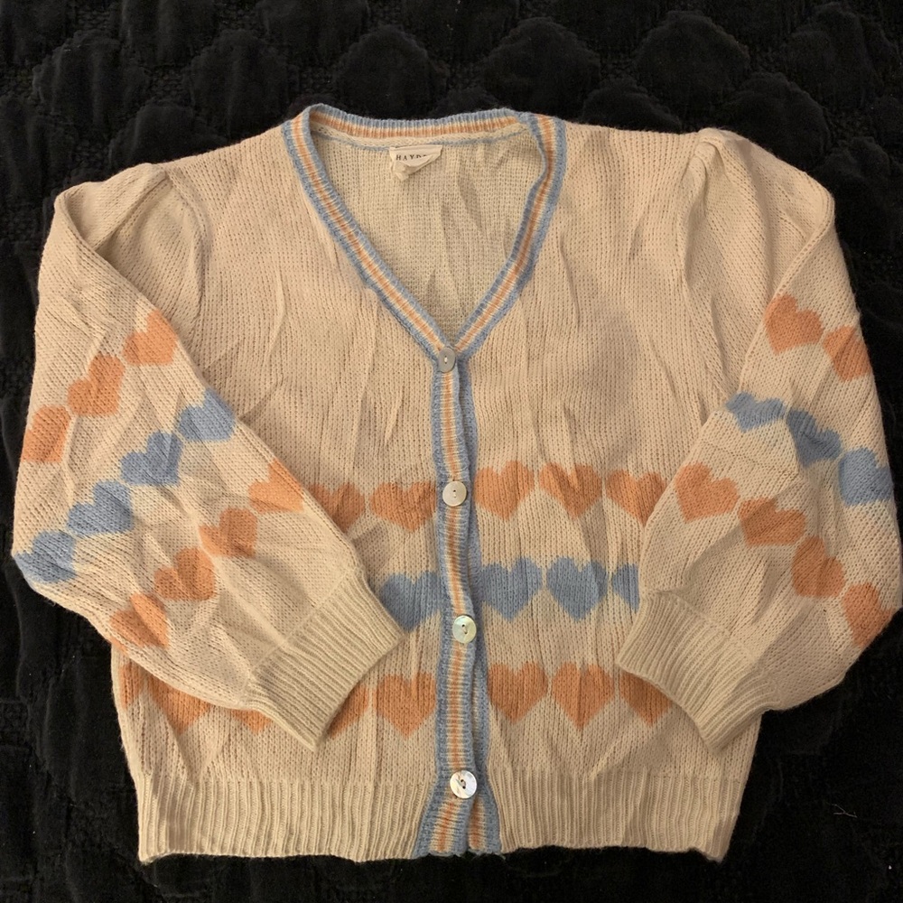Hayden Cream Punk Blue Hearts Cardigan Sweater size large Vintage Granny look